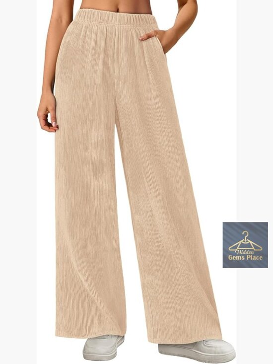Pants - Wide Leg Palazzo Pants High Waisted Elastic Pleated Casual Trousers with Pockets